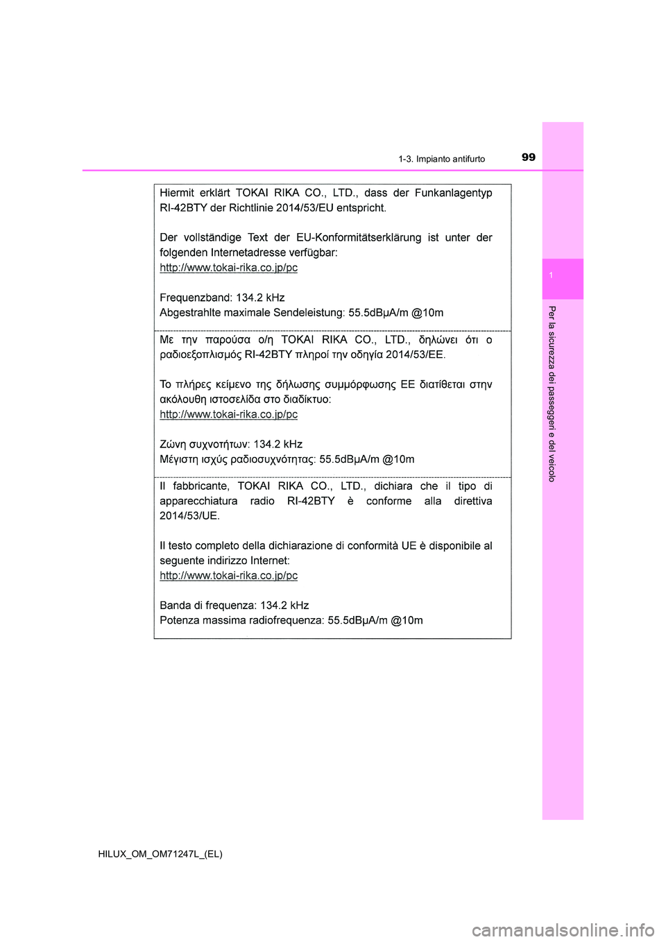 TOYOTA HILUX 2017  Manuale duso (in Italian) 991-3. Impianto antifurto
1
HILUX_OM_OM71247L_(EL)
Per la sicurezza dei passeggeri e del veicolo 