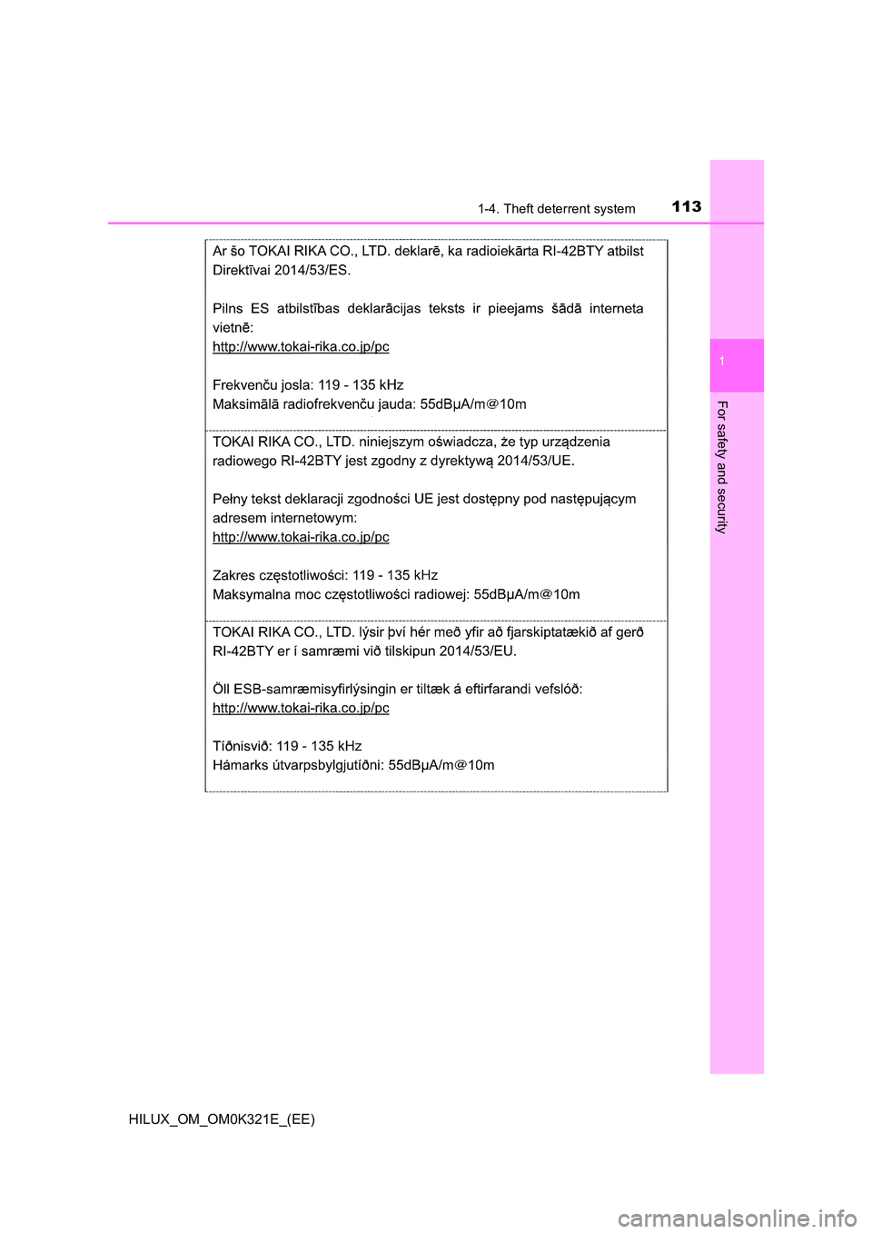 TOYOTA HILUX 2020 Owners Manual (in English) 1131-4. Theft deterrent system
1
HILUX_OM_OM0K321E_(EE)
For safety and security TOYOTA HILUX 2020 Owners Manual (in English) 1131-4. Theft deterrent system
1
HILUX_OM_OM0K321E_(EE)
For safety and security