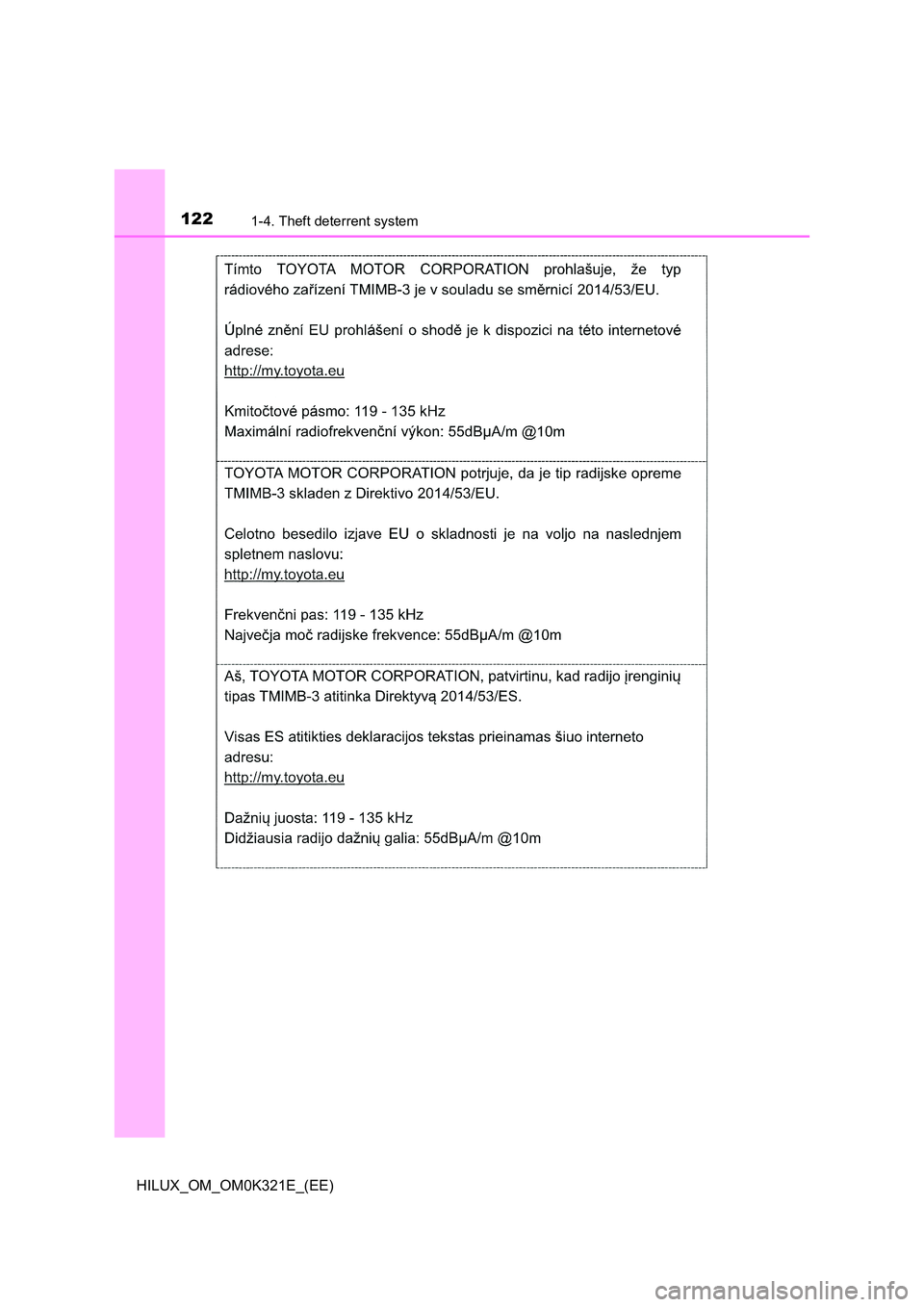 TOYOTA HILUX 2020 Owners Manual (in English) 1221-4. Theft deterrent system
HILUX_OM_OM0K321E_(EE) TOYOTA HILUX 2020 Owners Manual (in English) 1221-4. Theft deterrent system
HILUX_OM_OM0K321E_(EE)