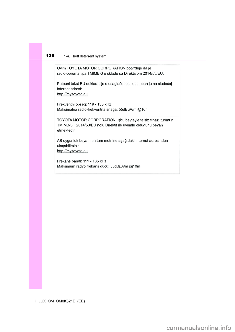TOYOTA HILUX 2020 Owners Manual (in English) 1261-4. Theft deterrent system
HILUX_OM_OM0K321E_(EE) TOYOTA HILUX 2020 Owners Manual (in English) 1261-4. Theft deterrent system
HILUX_OM_OM0K321E_(EE)