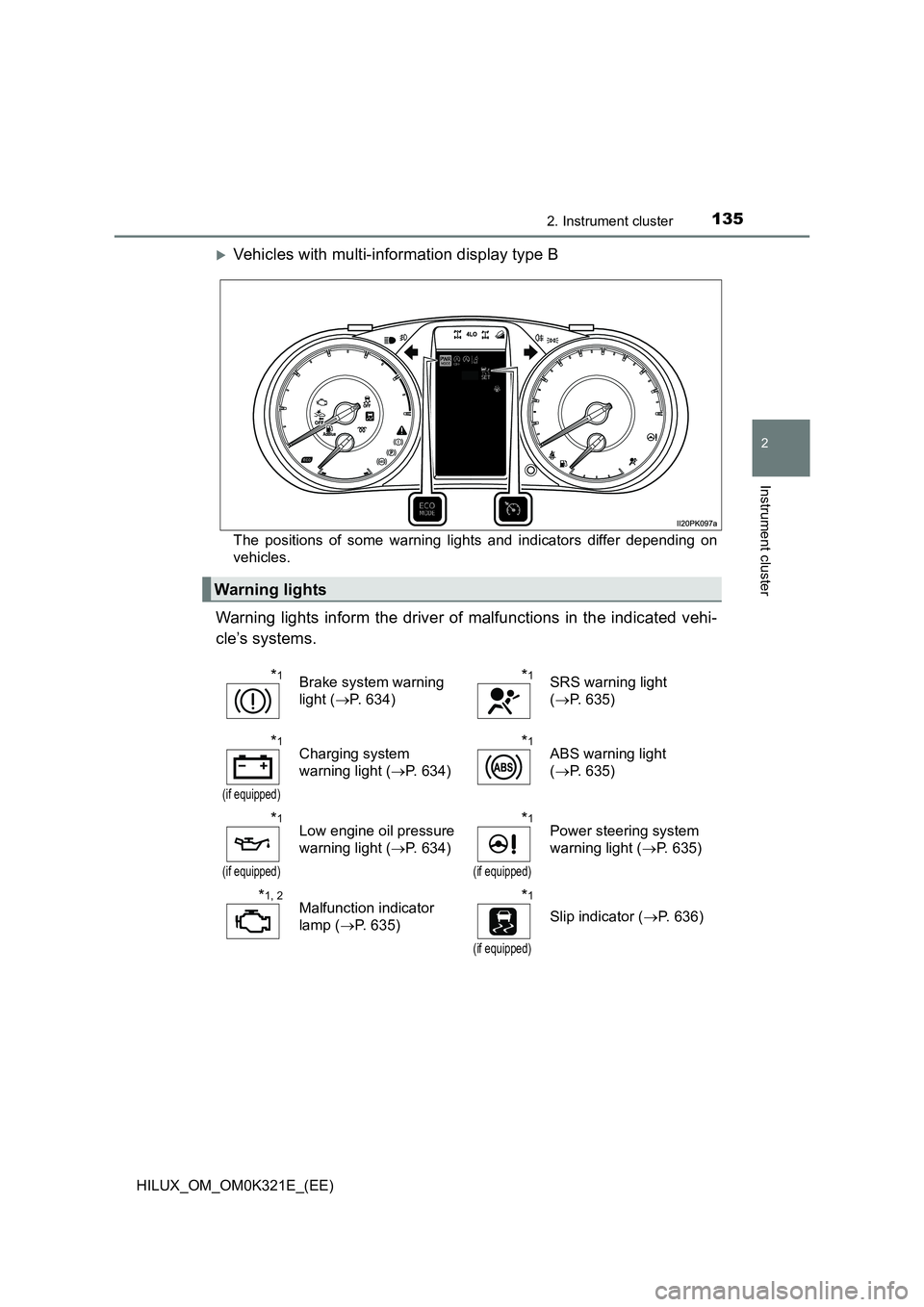 TOYOTA HILUX 2020 (in English) Owners Manual 1352. Instrument cluster
2
Instrument cluster
HILUX_OM_OM0K321E_(EE)
Vehicles with multi-information display type B
The positions of some warning lights and indicators differ depending on
vehicles TOYOTA HILUX 2020 (in English) Owners Manual 1352. Instrument cluster
2
Instrument cluster
HILUX_OM_OM0K321E_(EE)
Vehicles with multi-information display type B
The positions of some warning lights and indicators differ depending on
vehicles