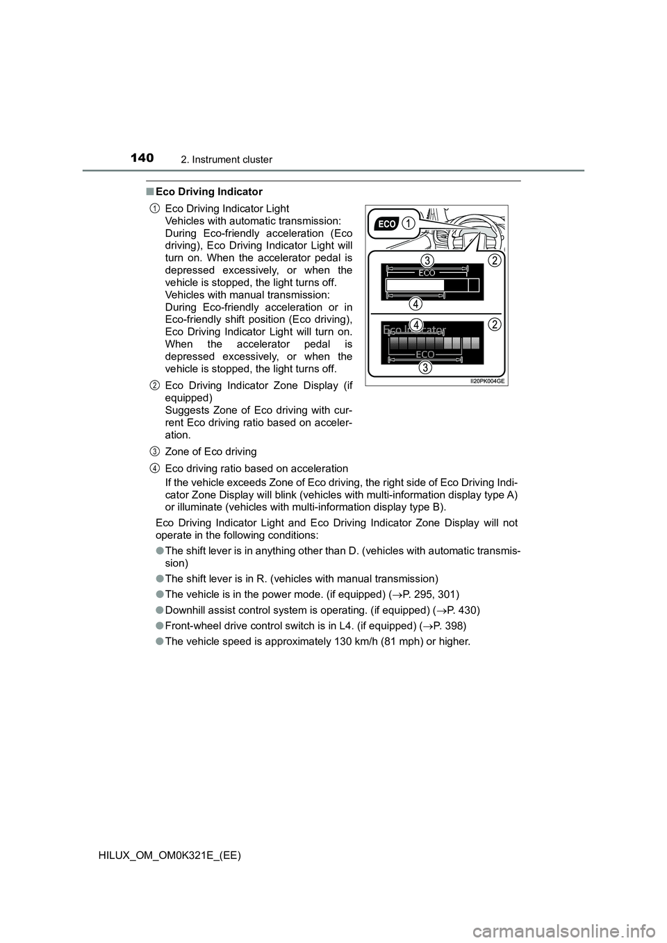 TOYOTA HILUX 2020 (in English) Owners Guide 1402. Instrument cluster
HILUX_OM_OM0K321E_(EE)
■Eco Driving Indicator
If the vehicle exceeds Zone of Eco driving, the right side of Eco Driving Indi-
cator Zone Display will blink (vehicles with TOYOTA HILUX 2020 (in English) Owners Guide 1402. Instrument cluster
HILUX_OM_OM0K321E_(EE)
■Eco Driving Indicator
If the vehicle exceeds Zone of Eco driving, the right side of Eco Driving Indi-
cator Zone Display will blink (vehicles with