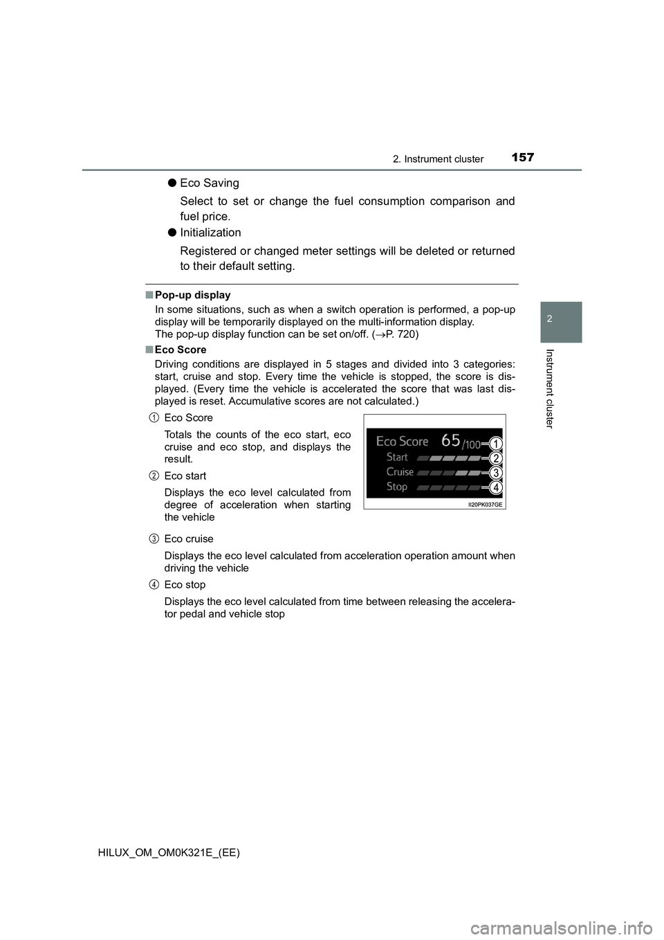TOYOTA HILUX 2020  Owners Manual (in English) 1572. Instrument cluster
2
Instrument cluster
HILUX_OM_OM0K321E_(EE)
●Eco Saving 
Select to set or change the fuel consumption comparison and 
fuel price. 
● Initialization 
Registered or changed 