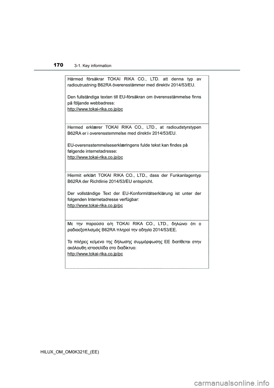 TOYOTA HILUX 2020 Owners Manual (in English) 1703-1. Key information
HILUX_OM_OM0K321E_(EE) TOYOTA HILUX 2020 Owners Manual (in English) 1703-1. Key information
HILUX_OM_OM0K321E_(EE)