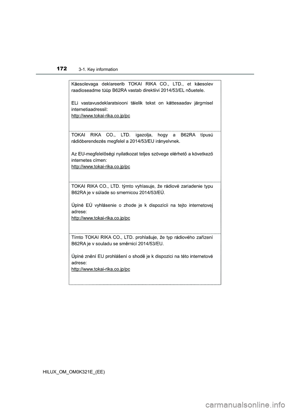 TOYOTA HILUX 2020 Owners Manual (in English) 1723-1. Key information
HILUX_OM_OM0K321E_(EE) TOYOTA HILUX 2020 Owners Manual (in English) 1723-1. Key information
HILUX_OM_OM0K321E_(EE)
