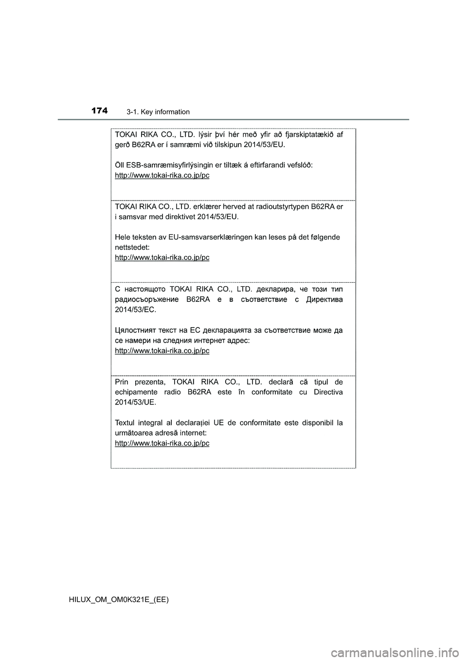 TOYOTA HILUX 2020 Owners Manual (in English) 1743-1. Key information
HILUX_OM_OM0K321E_(EE) TOYOTA HILUX 2020 Owners Manual (in English) 1743-1. Key information
HILUX_OM_OM0K321E_(EE)