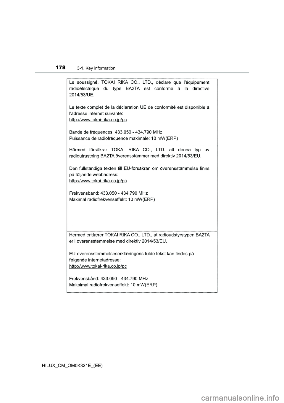 TOYOTA HILUX 2020 Owners Manual (in English) 1783-1. Key information
HILUX_OM_OM0K321E_(EE) TOYOTA HILUX 2020 Owners Manual (in English) 1783-1. Key information
HILUX_OM_OM0K321E_(EE)