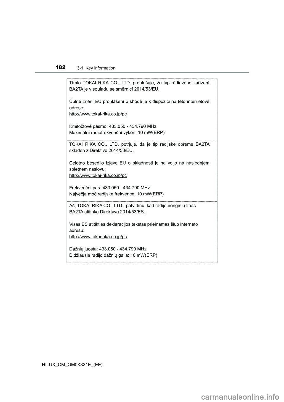 TOYOTA HILUX 2020  Owners Manual (in English) 1823-1. Key information
HILUX_OM_OM0K321E_(EE) 