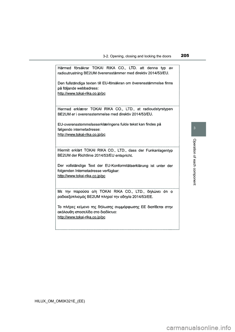 TOYOTA HILUX 2020  Owners Manual (in English) 2053-2. Opening, closing and locking the doors
3
Operation of each component
HILUX_OM_OM0K321E_(EE) 