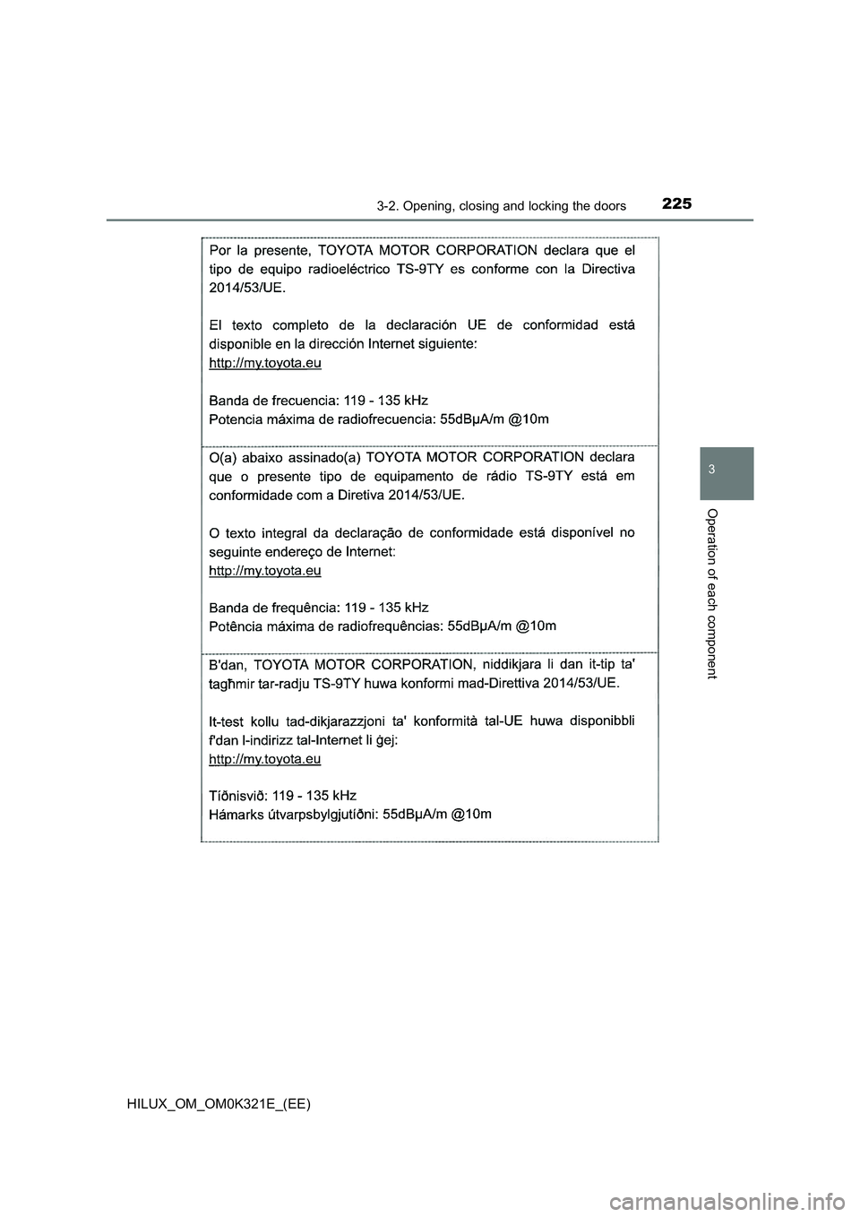 TOYOTA HILUX 2020 Owners Manual (in English) 2253-2. Opening, closing and locking the doors
3
Operation of each component
HILUX_OM_OM0K321E_(EE) TOYOTA HILUX 2020 Owners Manual (in English) 2253-2. Opening, closing and locking the doors
3
Operation of each component
HILUX_OM_OM0K321E_(EE)