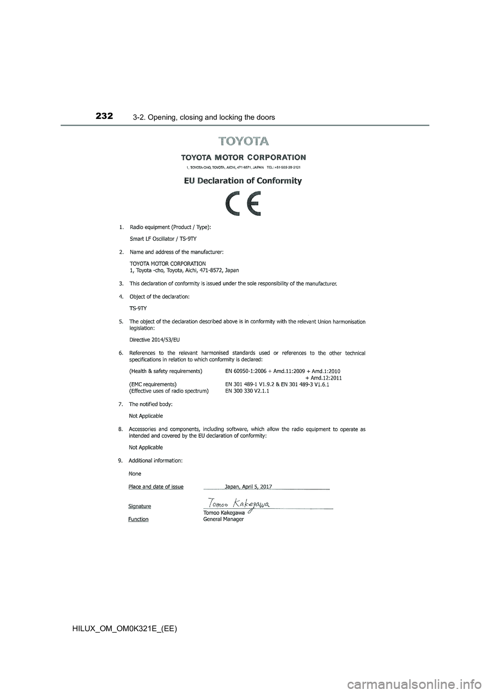 TOYOTA HILUX 2020  Owners Manual (in English) 2323-2. Opening, closing and locking the doors
HILUX_OM_OM0K321E_(EE) 
