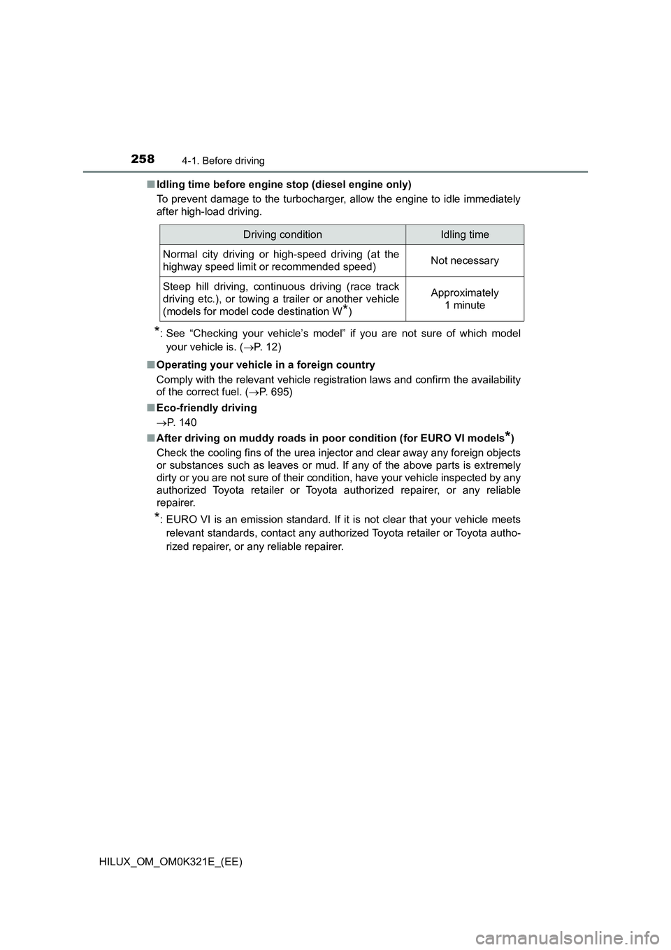 TOYOTA HILUX 2020 Owners Manual (in English) 2584-1. Before driving
HILUX_OM_OM0K321E_(EE)
■ Idling time before engine stop (diesel engine only)
To prevent damage to the turbocharger, allow the engine to idle immediately
after high-load dri TOYOTA HILUX 2020 Owners Manual (in English) 2584-1. Before driving
HILUX_OM_OM0K321E_(EE)
■ Idling time before engine stop (diesel engine only)
To prevent damage to the turbocharger, allow the engine to idle immediately
after high-load dri