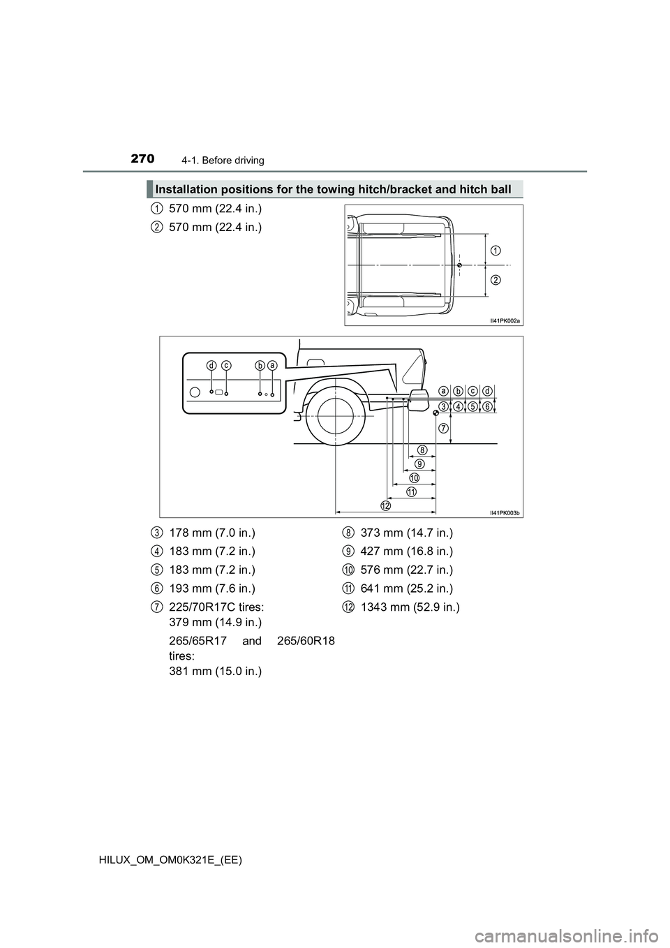 TOYOTA HILUX 2020 Owners Manual (in English) 2704-1. Before driving
HILUX_OM_OM0K321E_(EE)
570 mm (22.4 in.)
570 mm (22.4 in.)
Installation positions for the towing hitch/bracket and hitch ball
1
2
178 mm (7.0 in.)
183 mm (7.2 in.)
183 mm (7.2 TOYOTA HILUX 2020 Owners Manual (in English) 2704-1. Before driving
HILUX_OM_OM0K321E_(EE)
570 mm (22.4 in.)
570 mm (22.4 in.)
Installation positions for the towing hitch/bracket and hitch ball
1
2
178 mm (7.0 in.)
183 mm (7.2 in.)
183 mm (7.2