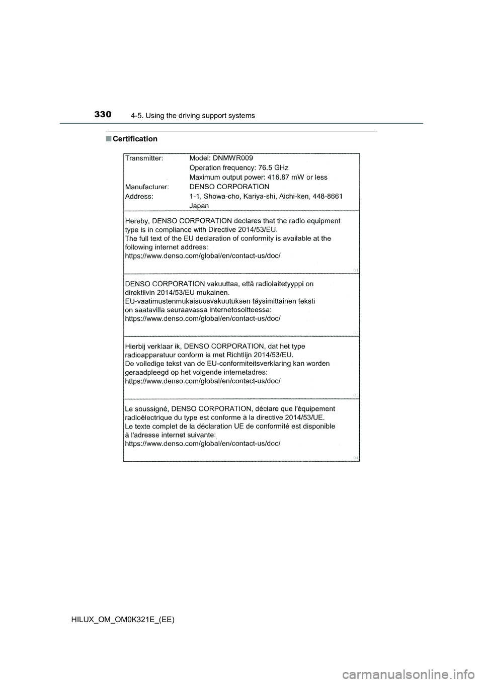 TOYOTA HILUX 2020 Owners Manual (in English) 3304-5. Using the driving support systems
HILUX_OM_OM0K321E_(EE)
■Certification TOYOTA HILUX 2020 Owners Manual (in English) 3304-5. Using the driving support systems
HILUX_OM_OM0K321E_(EE)
■Certification