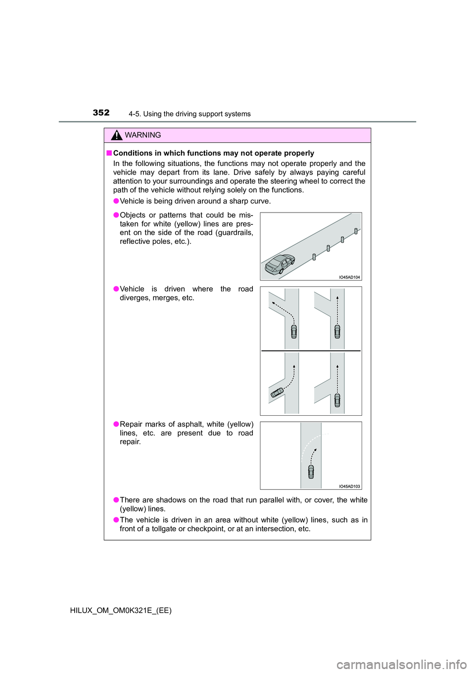 TOYOTA HILUX 2020 Owners Manual (in English) 3524-5. Using the driving support systems
HILUX_OM_OM0K321E_(EE)
WARNING
■Conditions in which functions may not operate properly
In the following situations, the functions may not operate properly TOYOTA HILUX 2020 Owners Manual (in English) 3524-5. Using the driving support systems
HILUX_OM_OM0K321E_(EE)
WARNING
■Conditions in which functions may not operate properly
In the following situations, the functions may not operate properly