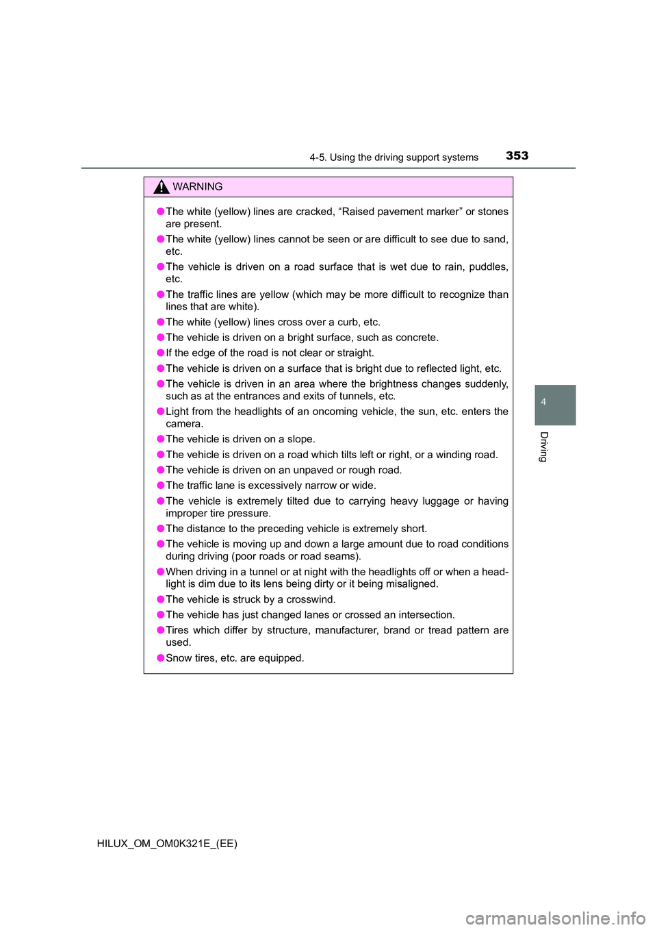 TOYOTA HILUX 2020 Owners Manual (in English) 3534-5. Using the driving support systems
4
Driving
HILUX_OM_OM0K321E_(EE)
WARNING
●The white (yellow) lines are cracked, “Raised pavement marker” or stones
are present.
● The white (yellow) TOYOTA HILUX 2020 Owners Manual (in English) 3534-5. Using the driving support systems
4
Driving
HILUX_OM_OM0K321E_(EE)
WARNING
●The white (yellow) lines are cracked, “Raised pavement marker” or stones
are present.
● The white (yellow)