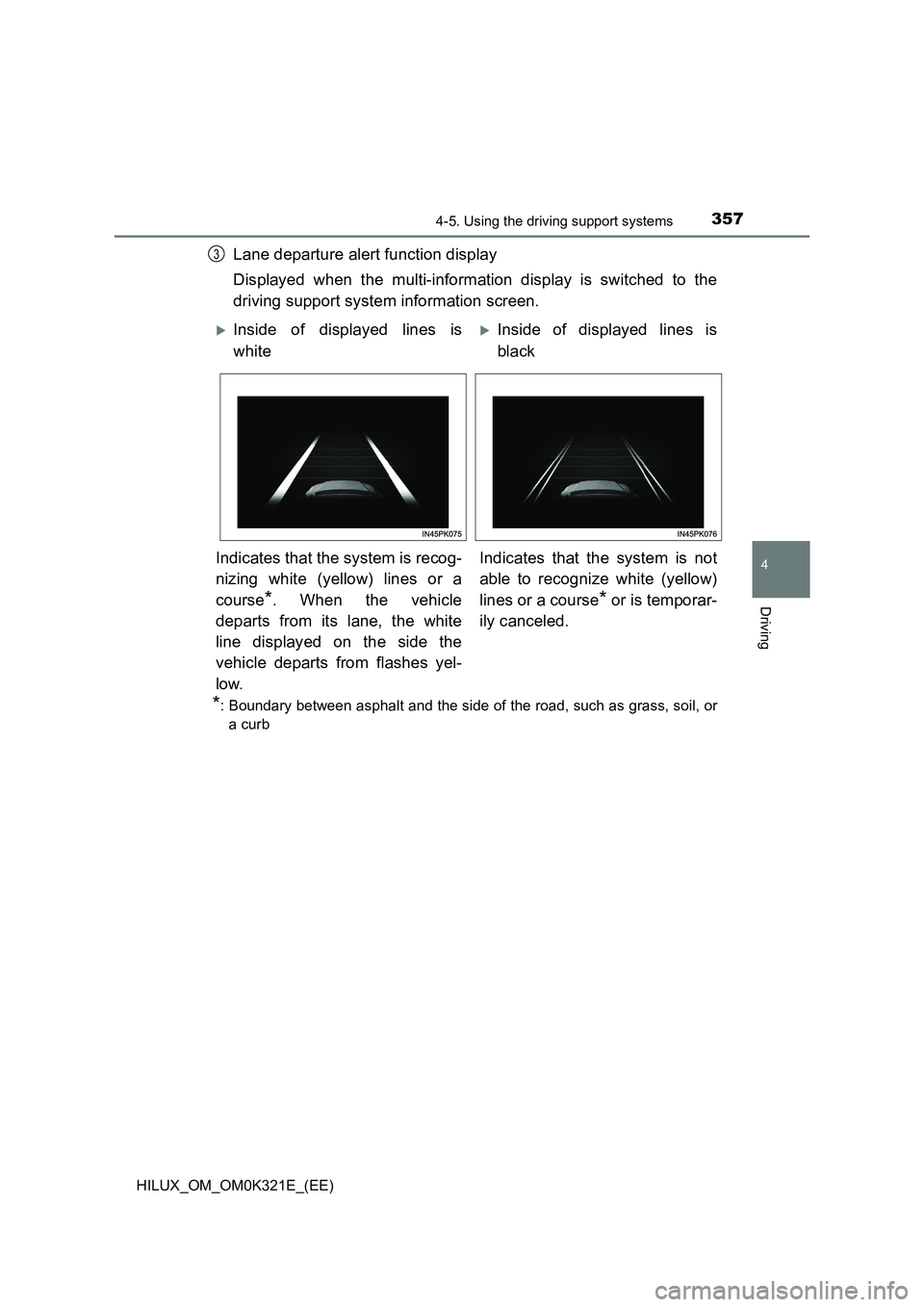 TOYOTA HILUX 2020 Owners Manual (in English) 3574-5. Using the driving support systems
4
Driving
HILUX_OM_OM0K321E_(EE)
Lane departure alert function display
Displayed when the multi-information display is switched to the
driving support syste TOYOTA HILUX 2020 Owners Manual (in English) 3574-5. Using the driving support systems
4
Driving
HILUX_OM_OM0K321E_(EE)
Lane departure alert function display
Displayed when the multi-information display is switched to the
driving support syste