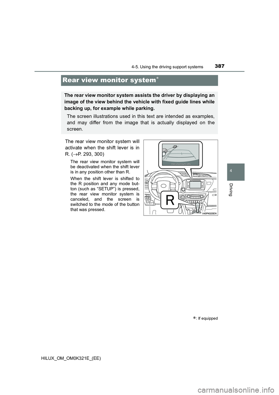 TOYOTA HILUX 2020 Owners Manual (in English) 387
4
4-5. Using the driving support systems
Driving
HILUX_OM_OM0K321E_(EE)
Rear view monitor system
The rear view monitor system will
activate when the shift lever is in
R. ( P. 293, 300)
The TOYOTA HILUX 2020 Owners Manual (in English) 387
4
4-5. Using the driving support systems
Driving
HILUX_OM_OM0K321E_(EE)
Rear view monitor system
The rear view monitor system will
activate when the shift lever is in
R. ( P. 293, 300)
The