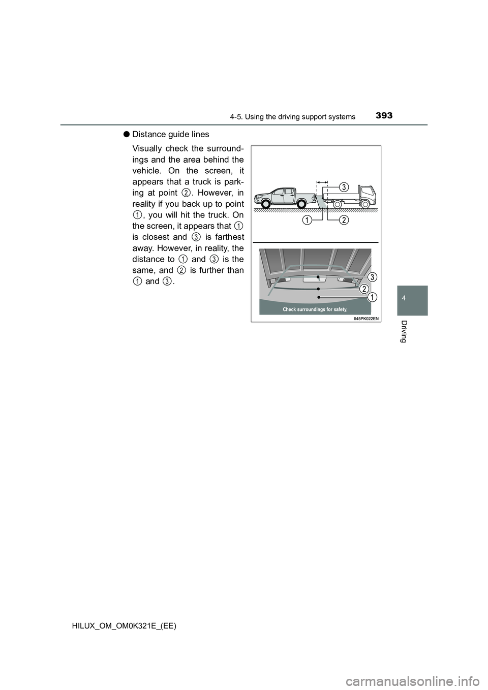 TOYOTA HILUX 2020 Owners Manual (in English) 3934-5. Using the driving support systems
4
Driving
HILUX_OM_OM0K321E_(EE)
●Distance guide lines
Visually check the surround-
ings and the area behind the
vehicle. On the screen, it
appears that TOYOTA HILUX 2020 Owners Manual (in English) 3934-5. Using the driving support systems
4
Driving
HILUX_OM_OM0K321E_(EE)
●Distance guide lines
Visually check the surround-
ings and the area behind the
vehicle. On the screen, it
appears that
