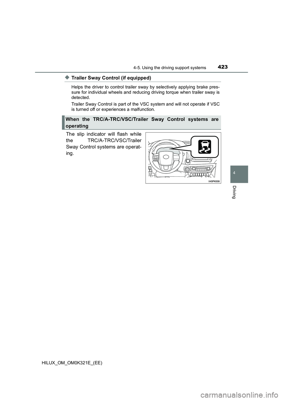 TOYOTA HILUX 2020 Owners Manual (in English) 4234-5. Using the driving support systems
4
Driving
HILUX_OM_OM0K321E_(EE)
◆Trailer Sway Control (if equipped)
Helps the driver to control trailer sway by selectively applying brake pres-
sure for TOYOTA HILUX 2020 Owners Manual (in English) 4234-5. Using the driving support systems
4
Driving
HILUX_OM_OM0K321E_(EE)
◆Trailer Sway Control (if equipped)
Helps the driver to control trailer sway by selectively applying brake pres-
sure for