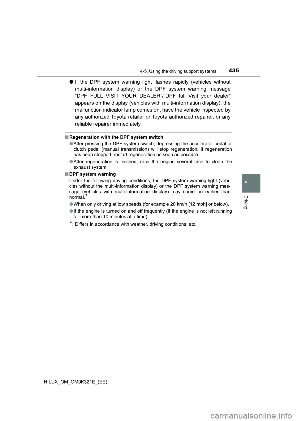 TOYOTA HILUX 2020 Owners Manual (in English) 4354-5. Using the driving support systems
4
Driving
HILUX_OM_OM0K321E_(EE)
●If the DPF system warning light flashes rapidly (vehicles without
multi-information display) or the DPF system warning me TOYOTA HILUX 2020 Owners Manual (in English) 4354-5. Using the driving support systems
4
Driving
HILUX_OM_OM0K321E_(EE)
●If the DPF system warning light flashes rapidly (vehicles without
multi-information display) or the DPF system warning me