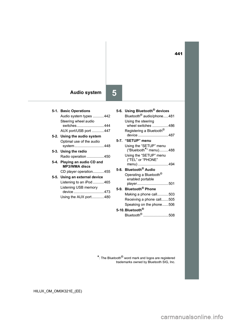 TOYOTA HILUX 2020 Owners Manual (in English) 441
5Audio system
HILUX_OM_OM0K321E_(EE)
5-1. Basic Operations
Audio system types ........... 442
Steering wheel audio
switches ........................... 444
AUX port/USB port ............ 447 TOYOTA HILUX 2020 Owners Manual (in English) 441
5Audio system
HILUX_OM_OM0K321E_(EE)
5-1. Basic Operations
Audio system types ........... 442
Steering wheel audio
switches ........................... 444
AUX port/USB port ............ 447