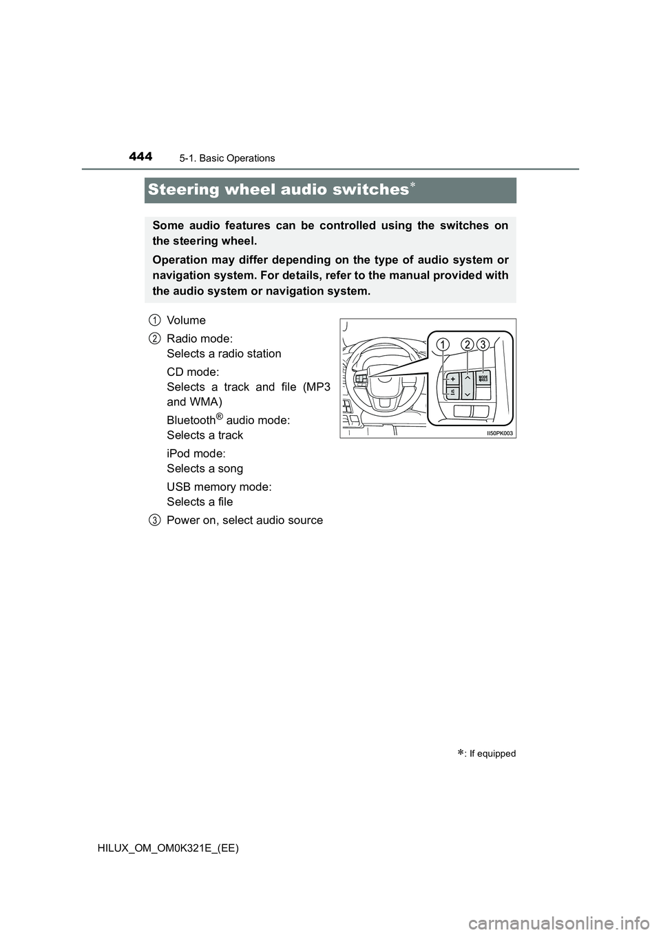 TOYOTA HILUX 2020 Owners Manual (in English) 4445-1. Basic Operations
HILUX_OM_OM0K321E_(EE)
Steering wheel audio switches
Vo lu m e
Radio mode:
Selects a radio station
CD mode:
Selects a track and file (MP3
and WMA)
Bluetooth® audio m TOYOTA HILUX 2020 Owners Manual (in English) 4445-1. Basic Operations
HILUX_OM_OM0K321E_(EE)
Steering wheel audio switches
Vo lu m e
Radio mode:
Selects a radio station
CD mode:
Selects a track and file (MP3
and WMA)
Bluetooth® audio m