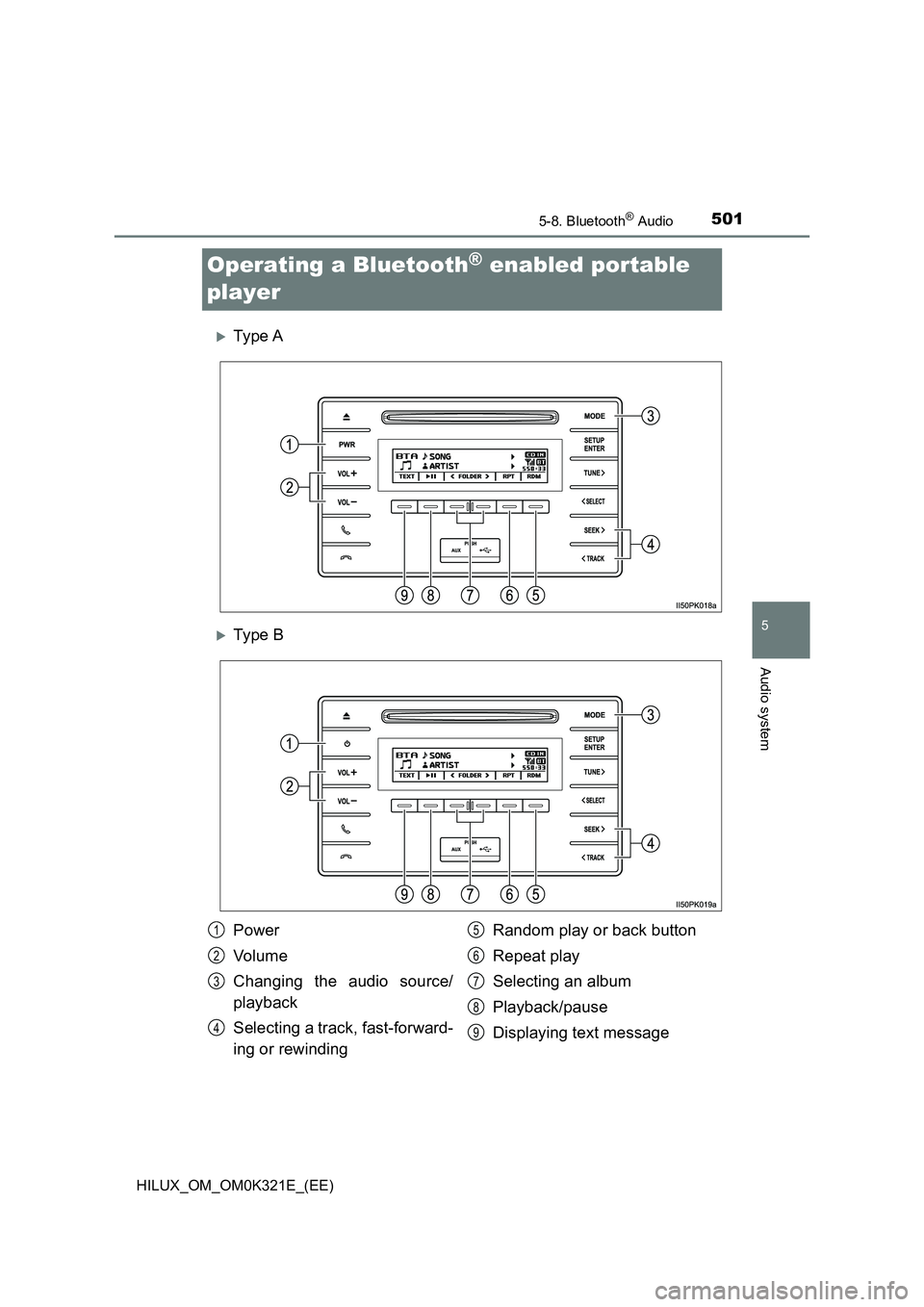 TOYOTA HILUX 2020 Owners Manual (in English) 501
5
5-8. Bluetooth® Audio
Audio system
HILUX_OM_OM0K321E_(EE)
Operating a Bluetooth® enabled portable
player
Ty pe A
Ty pe B
Power
Vo lu m e
Changing the audio source/
playback
Selec TOYOTA HILUX 2020 Owners Manual (in English) 501
5
5-8. Bluetooth® Audio
Audio system
HILUX_OM_OM0K321E_(EE)
Operating a Bluetooth® enabled portable
player
Ty pe A
Ty pe B
Power
Vo lu m e
Changing the audio source/
playback
Selec