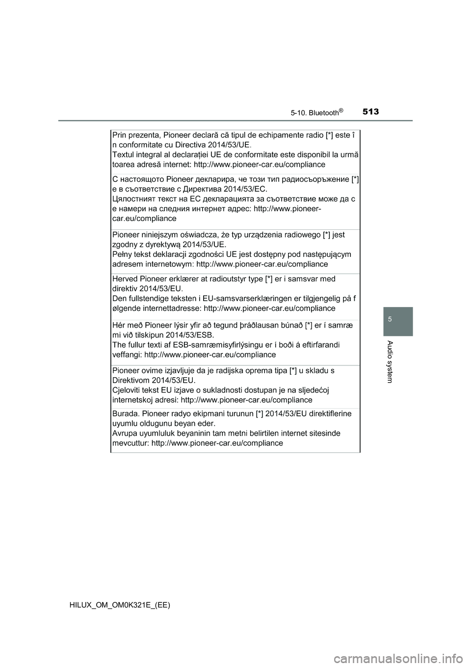TOYOTA HILUX 2020  Owners Manual (in English) 5135-10. Bluetooth®
5
Audio system
HILUX_OM_OM0K321E_(EE) 