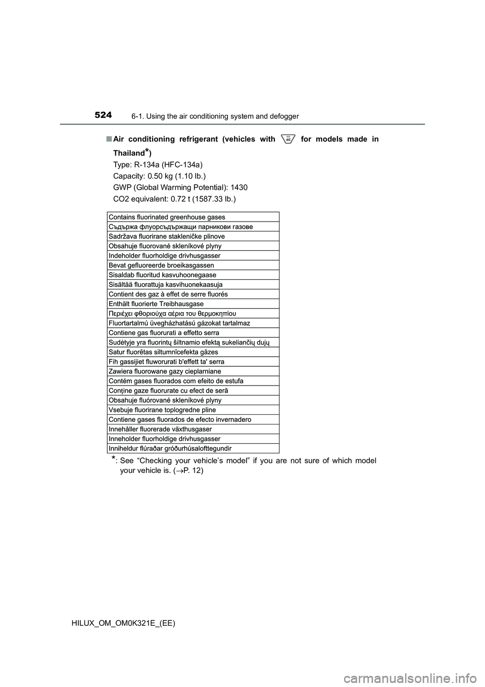 TOYOTA HILUX 2020 Owners Manual (in English) 5246-1. Using the air conditioning system and defogger
HILUX_OM_OM0K321E_(EE)
■ Air conditioning refrigerant (vehicles with for models made in
Thailand*)
Type: R-134a (HFC-134a)
Capacity: 0.50 TOYOTA HILUX 2020 Owners Manual (in English) 5246-1. Using the air conditioning system and defogger
HILUX_OM_OM0K321E_(EE)
■ Air conditioning refrigerant (vehicles with for models made in
Thailand*)
Type: R-134a (HFC-134a)
Capacity: 0.50