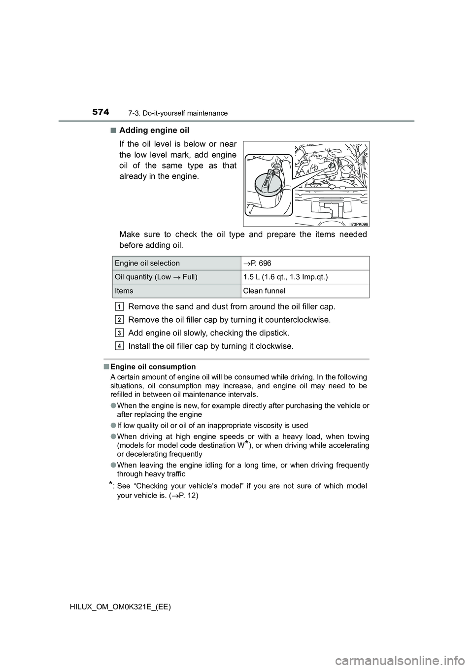 TOYOTA HILUX 2020 Owners Manual (in English) 5747-3. Do-it-yourself maintenance
HILUX_OM_OM0K321E_(EE)
■Adding engine oil
If the oil level is below or near
the low level mark, add engine
oil of the same type as that
already in the engine. TOYOTA HILUX 2020 Owners Manual (in English) 5747-3. Do-it-yourself maintenance
HILUX_OM_OM0K321E_(EE)
■Adding engine oil
If the oil level is below or near
the low level mark, add engine
oil of the same type as that
already in the engine.