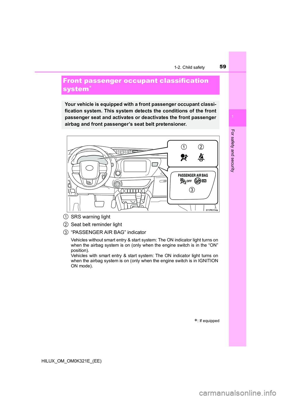TOYOTA HILUX 2020 Owners Manual (in English) 591-2. Child safety
1
HILUX_OM_OM0K321E_(EE)
For safety and security
Front passenger occupant classification
system
SRS warning light
Seat belt reminder light
“PASSENGER AIR BAG” indicato TOYOTA HILUX 2020 Owners Manual (in English) 591-2. Child safety
1
HILUX_OM_OM0K321E_(EE)
For safety and security
Front passenger occupant classification
system
SRS warning light
Seat belt reminder light
“PASSENGER AIR BAG” indicato