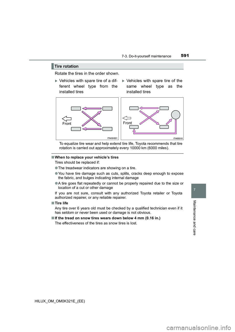 TOYOTA HILUX 2020 Owners Manual (in English) 5917-3. Do-it-yourself maintenance
HILUX_OM_OM0K321E_(EE)
7
Maintenance and care
Rotate the tires in the order shown.
To equalize tire wear and help extend tire life, Toyota recommends that tire
rota TOYOTA HILUX 2020 Owners Manual (in English) 5917-3. Do-it-yourself maintenance
HILUX_OM_OM0K321E_(EE)
7
Maintenance and care
Rotate the tires in the order shown.
To equalize tire wear and help extend tire life, Toyota recommends that tire
rota