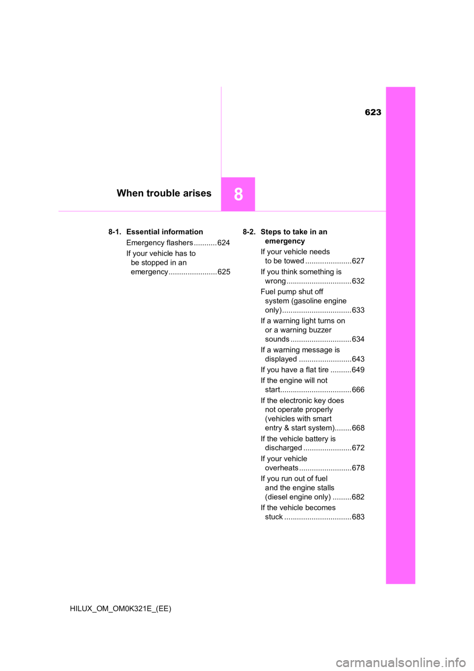 TOYOTA HILUX 2020 Owners Manual (in English) 623
8When trouble arises
HILUX_OM_OM0K321E_(EE)
8-1. Essential information
Emergency flashers ........... 624
If your vehicle has to
be stopped in an
emergency ....................... 625
8-2. TOYOTA HILUX 2020 Owners Manual (in English) 623
8When trouble arises
HILUX_OM_OM0K321E_(EE)
8-1. Essential information
Emergency flashers ........... 624
If your vehicle has to
be stopped in an
emergency ....................... 625
8-2.