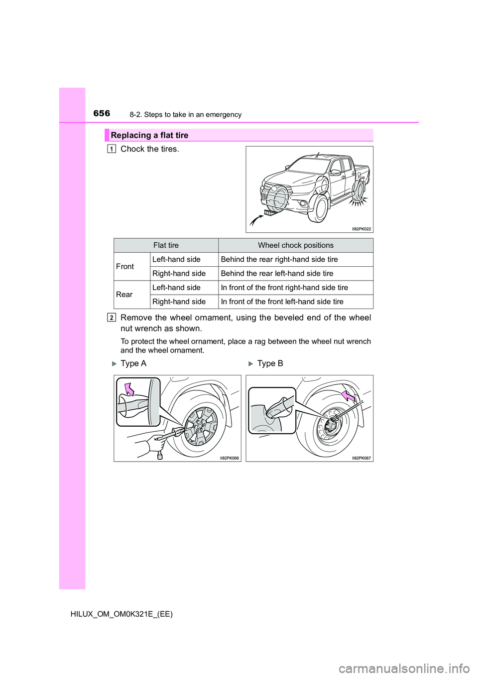 TOYOTA HILUX 2020  Owners Manual (in English) 6568-2. Steps to take in an emergency
HILUX_OM_OM0K321E_(EE)
Chock the tires. 
Remove the wheel ornament, using the beveled end of the wheel 
nut wrench as shown.
To protect the wheel ornament, place 