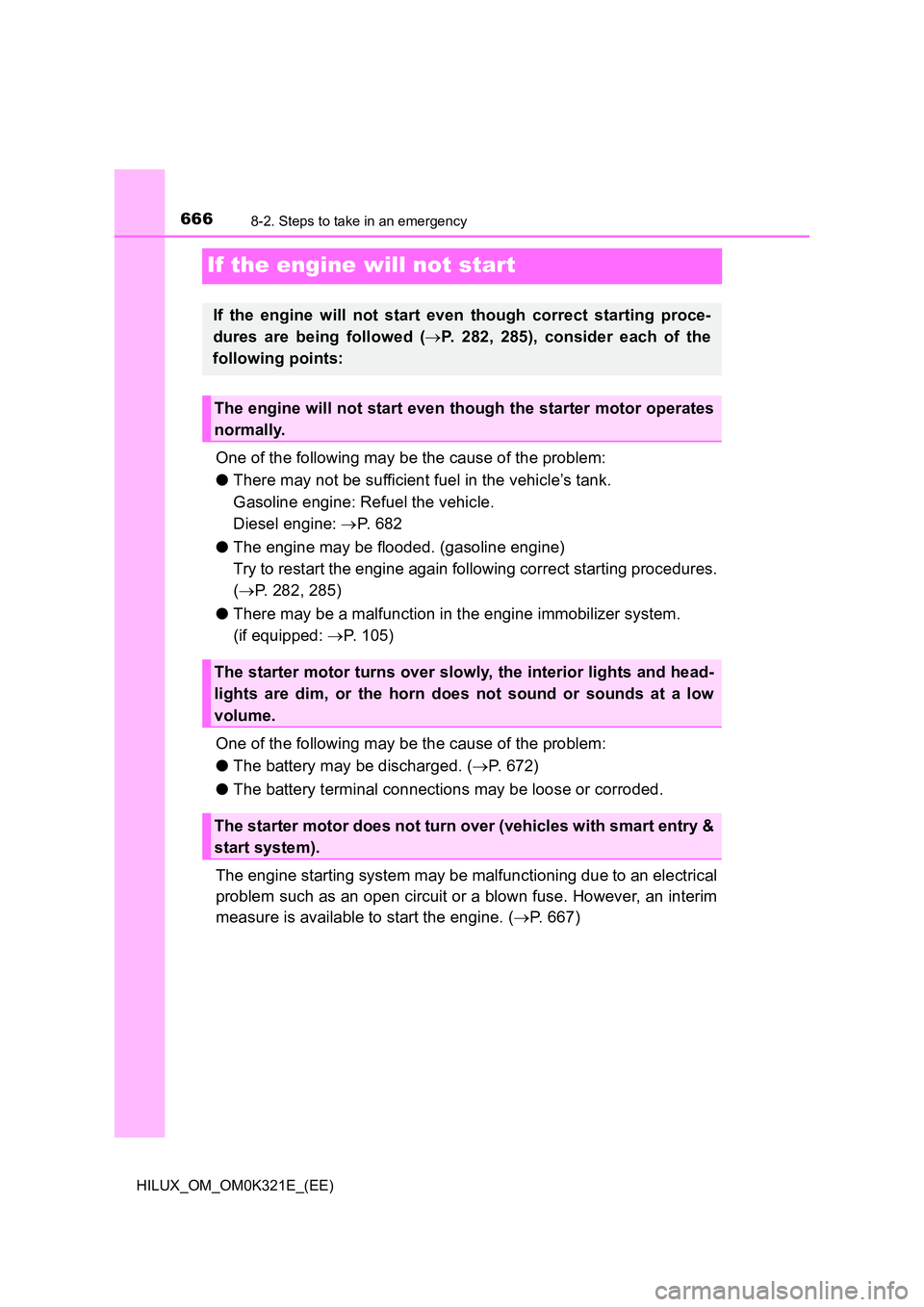 TOYOTA HILUX 2020 Owners Manual (in English) 6668-2. Steps to take in an emergency
HILUX_OM_OM0K321E_(EE)
If the engine will not start
One of the following may be the cause of the problem:
● There may not be sufficient fuel in the vehicle’s TOYOTA HILUX 2020 Owners Manual (in English) 6668-2. Steps to take in an emergency
HILUX_OM_OM0K321E_(EE)
If the engine will not start
One of the following may be the cause of the problem:
● There may not be sufficient fuel in the vehicle’s