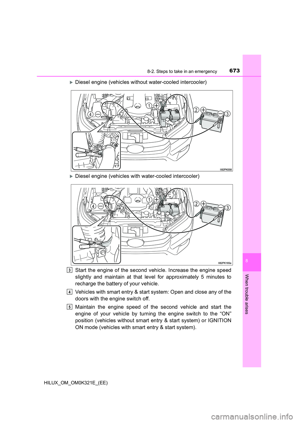 TOYOTA HILUX 2020 Owners Manual (in English) 6738-2. Steps to take in an emergency
HILUX_OM_OM0K321E_(EE)
8
When trouble arises
Diesel engine (vehicles without water-cooled intercooler)
Diesel engine (vehicles with water-cooled intercooler TOYOTA HILUX 2020 Owners Manual (in English) 6738-2. Steps to take in an emergency
HILUX_OM_OM0K321E_(EE)
8
When trouble arises
Diesel engine (vehicles without water-cooled intercooler)
Diesel engine (vehicles with water-cooled intercooler
