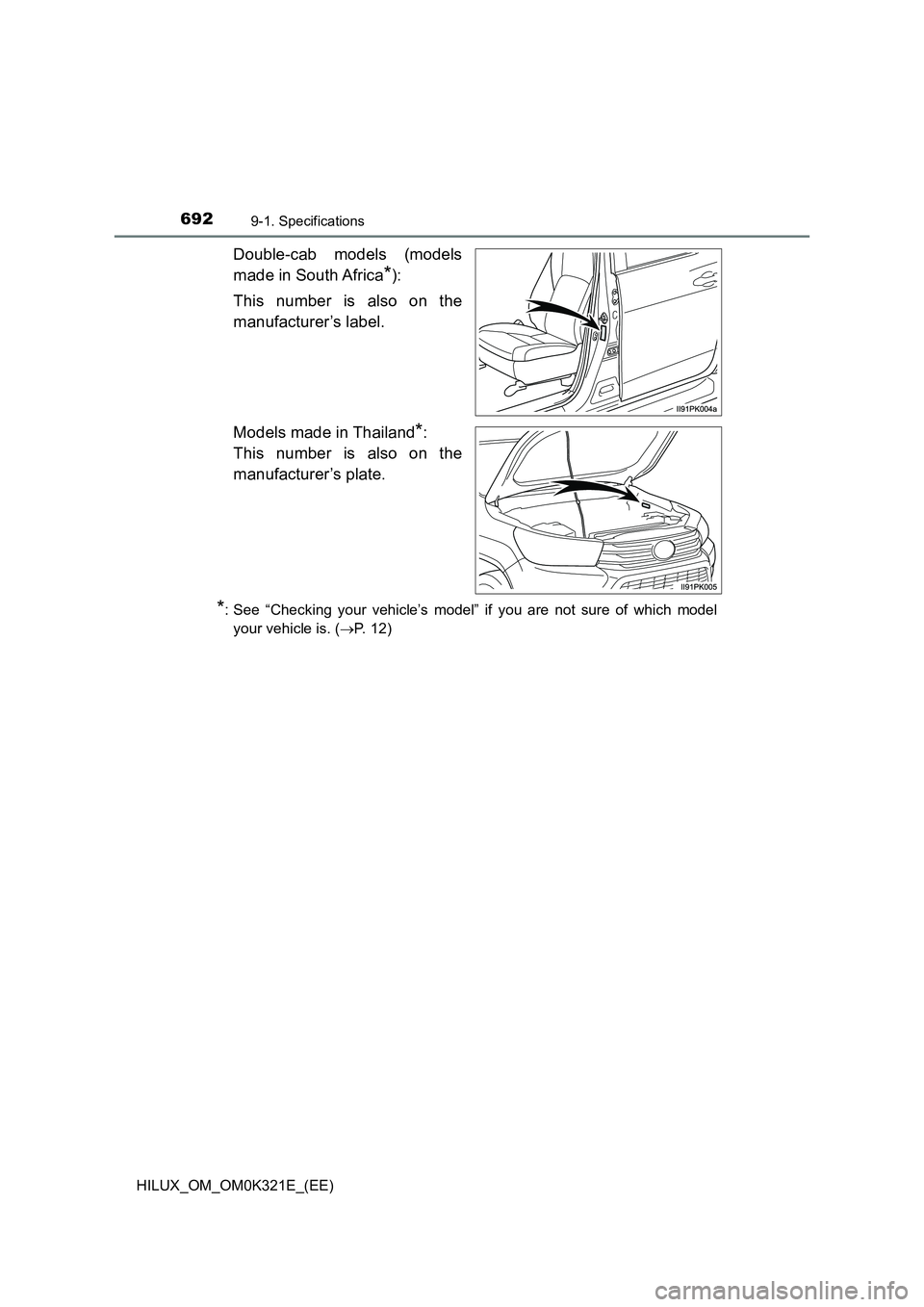 TOYOTA HILUX 2020  Owners Manual (in English) 6929-1. Specifications
HILUX_OM_OM0K321E_(EE)
Double-cab models (models 
made in South Africa*): 
This number is also on the 
manufacturer’s label. 
Models made in Thailand*:  
This number is also o