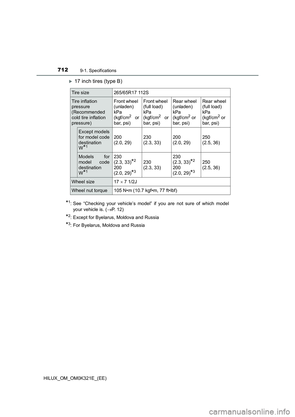 TOYOTA HILUX 2020 Owners Manual (in English) 7129-1. Specifications
HILUX_OM_OM0K321E_(EE)
17 inch tires (type B)
*1: See “Checking your vehicle’s model” if you are not sure of which model
your vehicle is. ( P. 12)
*2: Except for By TOYOTA HILUX 2020 Owners Manual (in English) 7129-1. Specifications
HILUX_OM_OM0K321E_(EE)
17 inch tires (type B)
*1: See “Checking your vehicle’s model” if you are not sure of which model
your vehicle is. ( P. 12)
*2: Except for By