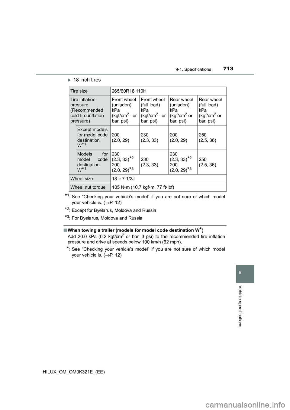 TOYOTA HILUX 2020 Owners Manual (in English) 713
9
9-1. Specifications
Vehicle specifications
HILUX_OM_OM0K321E_(EE)
18 inch tires
*1: See “Checking your vehicle’s model” if you are not sure of which model
your vehicle is. ( P. 12)
TOYOTA HILUX 2020 Owners Manual (in English) 713
9
9-1. Specifications
Vehicle specifications
HILUX_OM_OM0K321E_(EE)
18 inch tires
*1: See “Checking your vehicle’s model” if you are not sure of which model
your vehicle is. ( P. 12)
