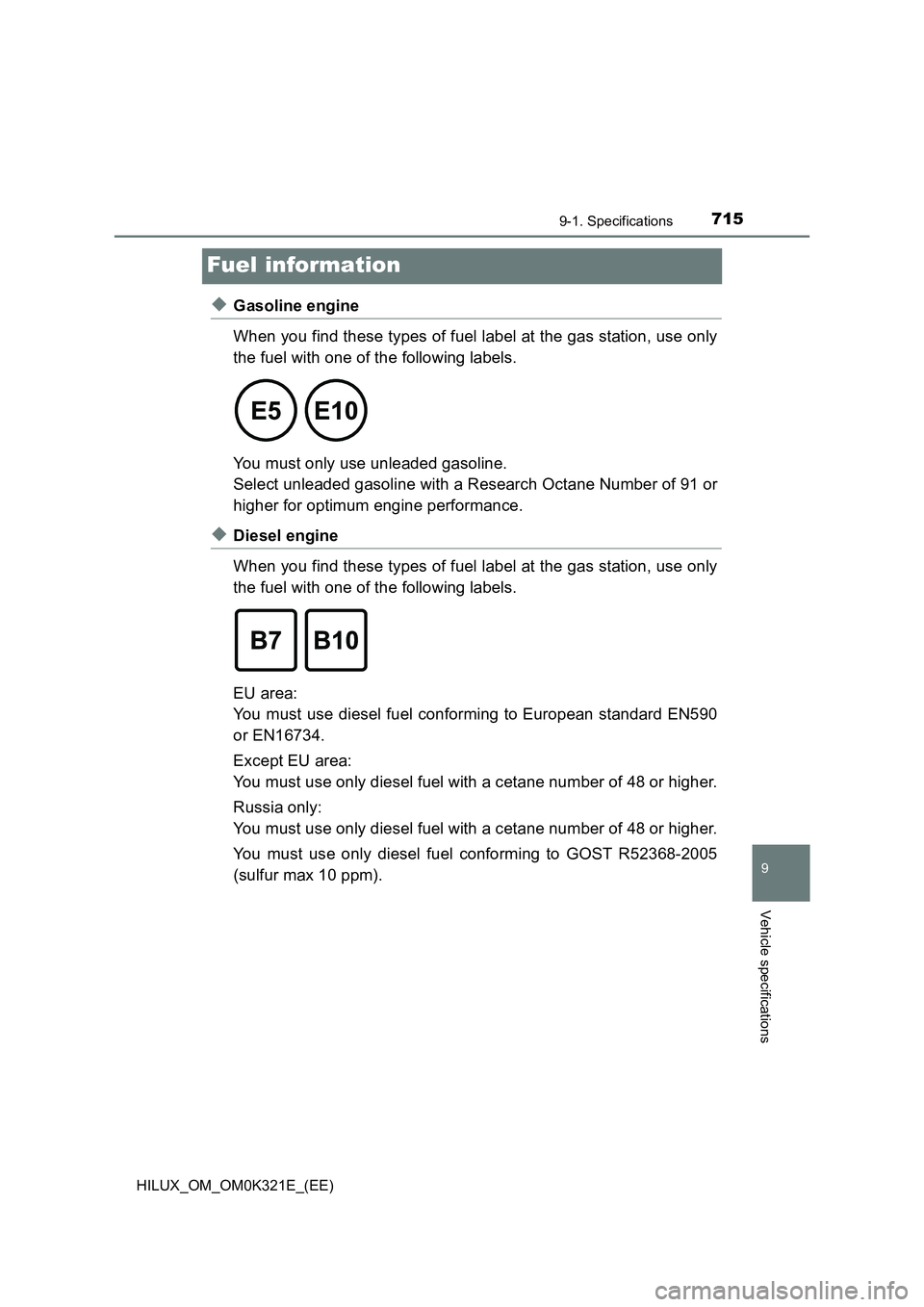 TOYOTA HILUX 2020 Owners Manual (in English) 7159-1. Specifications
HILUX_OM_OM0K321E_(EE)
9
Vehicle specifications
Fuel information
◆Gasoline engine
When you find these types of fuel label at the gas station, use only
the fuel with one of t TOYOTA HILUX 2020 Owners Manual (in English) 7159-1. Specifications
HILUX_OM_OM0K321E_(EE)
9
Vehicle specifications
Fuel information
◆Gasoline engine
When you find these types of fuel label at the gas station, use only
the fuel with one of t