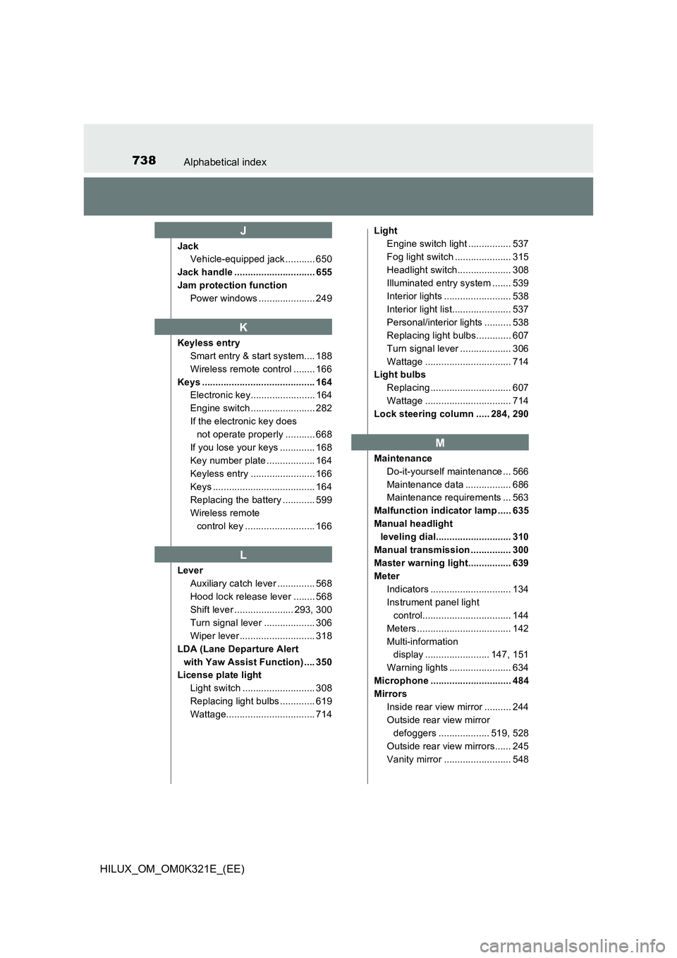 TOYOTA HILUX 2020 (in English) Owners Manual 738Alphabetical index
HILUX_OM_OM0K321E_(EE)
Jack
Vehicle-equipped jack ........... 650
Jack handle .............................. 655
Jam protection function
Power windows ..................... 249 TOYOTA HILUX 2020 (in English) Owners Manual 738Alphabetical index
HILUX_OM_OM0K321E_(EE)
Jack
Vehicle-equipped jack ........... 650
Jack handle .............................. 655
Jam protection function
Power windows ..................... 249
