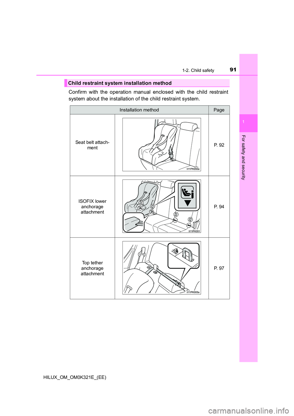 TOYOTA HILUX 2020 Owners Manual (in English) 911-2. Child safety
1
HILUX_OM_OM0K321E_(EE)
For safety and security
Confirm with the operation manual enclosed with the child restraint
system about the installation of the child restraint system.
C TOYOTA HILUX 2020 Owners Manual (in English) 911-2. Child safety
1
HILUX_OM_OM0K321E_(EE)
For safety and security
Confirm with the operation manual enclosed with the child restraint
system about the installation of the child restraint system.
C