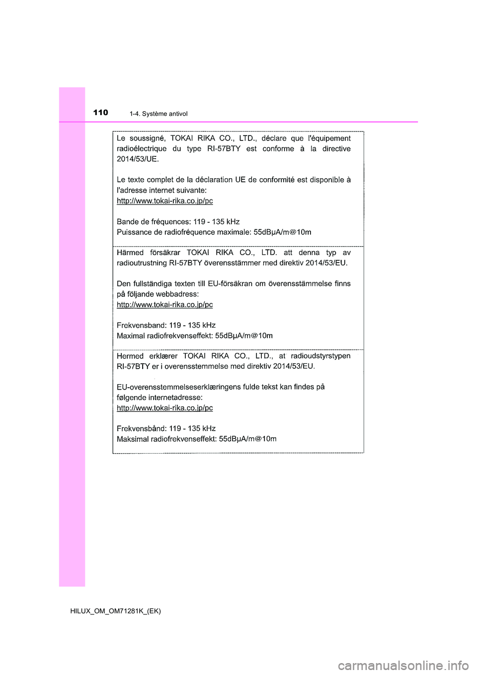 TOYOTA HILUX 2020  Notices Demploi (in French) 1101-4. Système antivol
HILUX_OM_OM71281K_(EK) 