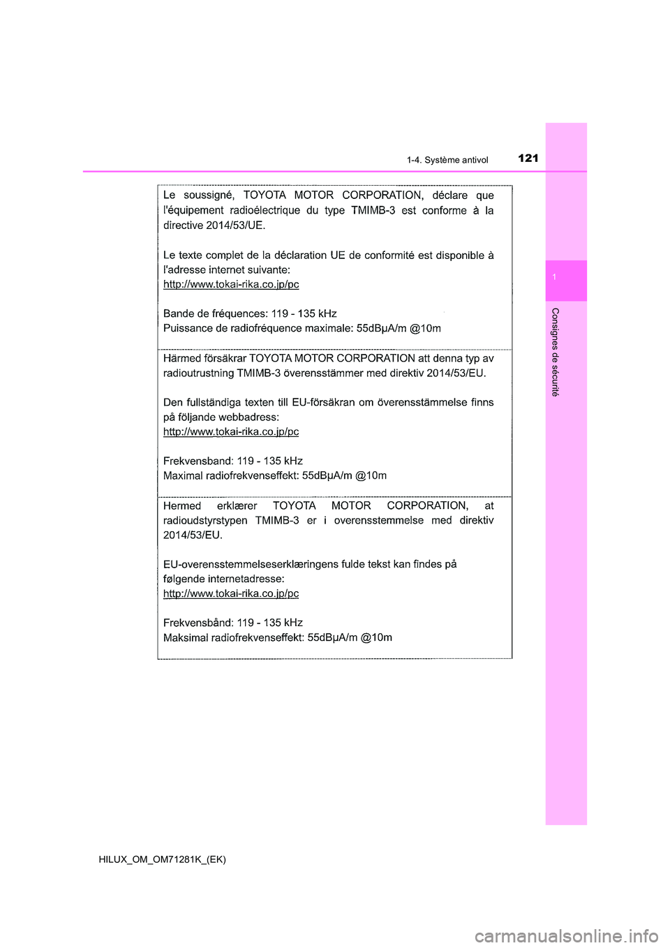 TOYOTA HILUX 2020  Notices Demploi (in French) 1211-4. Système antivol
1
HILUX_OM_OM71281K_(EK)
Consignes de sécurité 