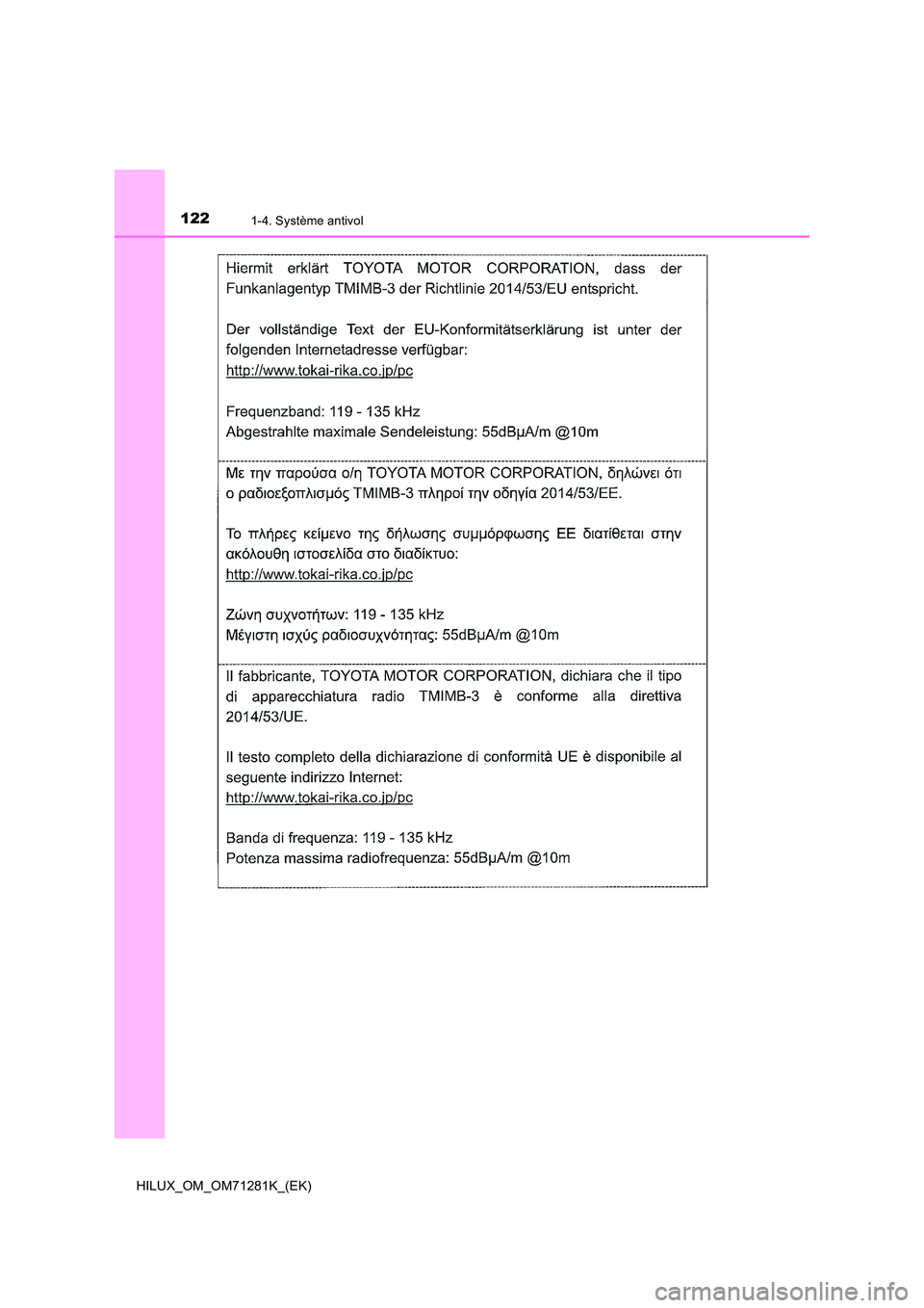 TOYOTA HILUX 2020  Notices Demploi (in French) 1221-4. Système antivol
HILUX_OM_OM71281K_(EK) 