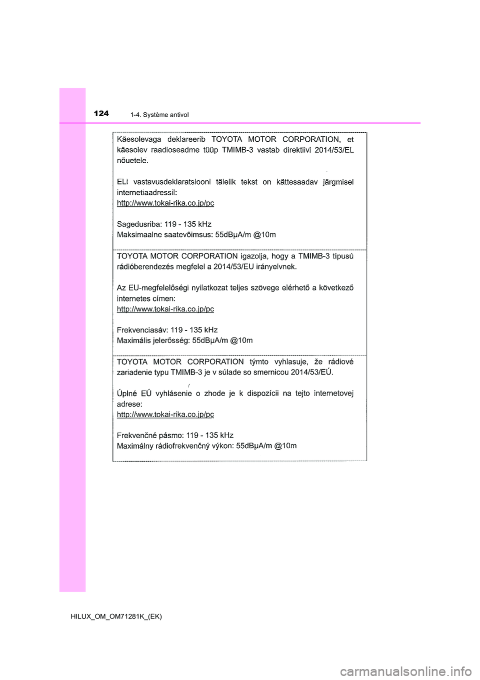 TOYOTA HILUX 2020  Notices Demploi (in French) 1241-4. Système antivol
HILUX_OM_OM71281K_(EK) 