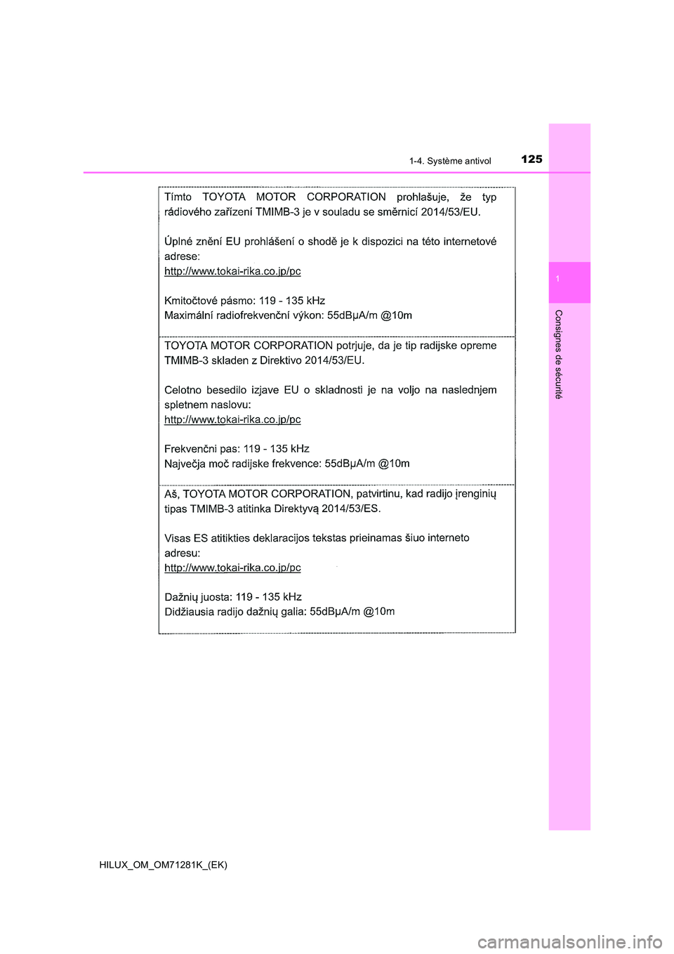 TOYOTA HILUX 2020  Notices Demploi (in French) 1251-4. Système antivol
1
HILUX_OM_OM71281K_(EK)
Consignes de sécurité 