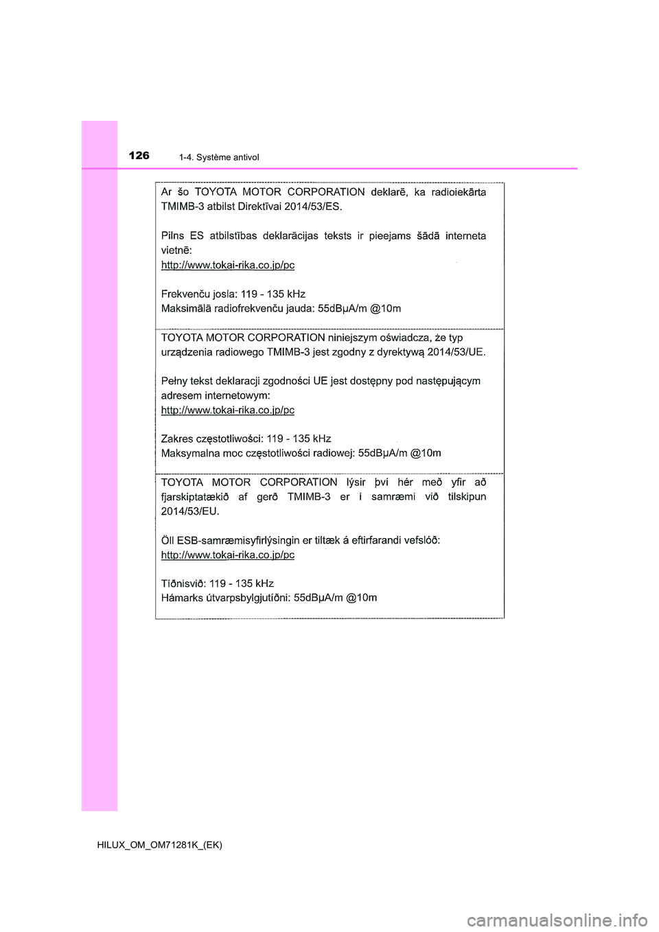 TOYOTA HILUX 2020  Notices Demploi (in French) 1261-4. Système antivol
HILUX_OM_OM71281K_(EK) 