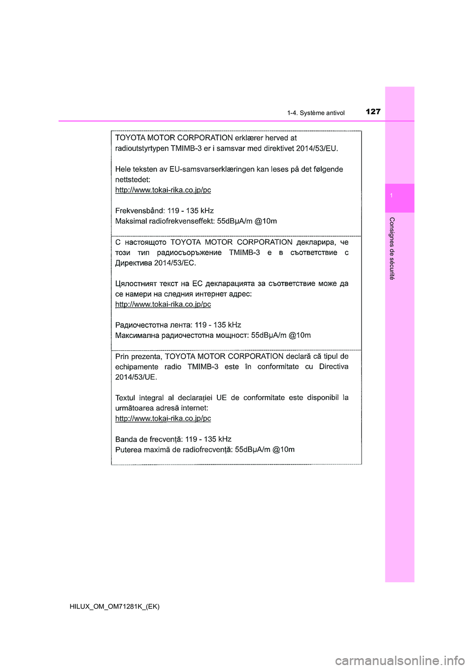 TOYOTA HILUX 2020  Notices Demploi (in French) 1271-4. Système antivol
1
HILUX_OM_OM71281K_(EK)
Consignes de sécurité 